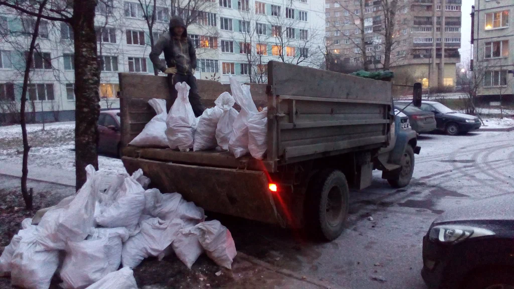 Вывоз мусора в мешках в Отрадном в октябре